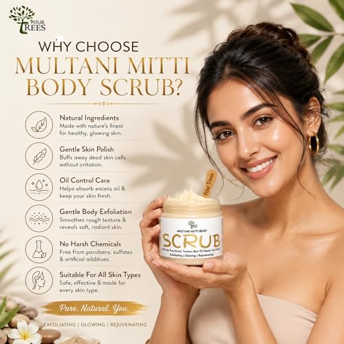 Image of Four Trees Body Scrub for Tan Removal (Multani Mitti) | Body Polish Scrub | Exfoliates with Aloe Vera, Turmeric Root Oil, Papaya Fruit Extract | For Men & Women | 200gm