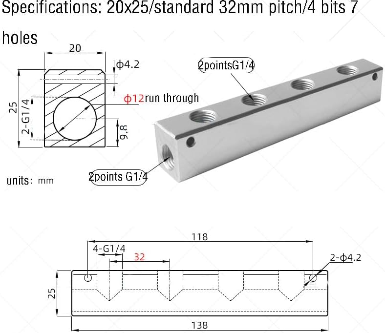 20x25 G1/4 to G1/4 Exhaust Thickened Split Teeth Exhaust Source Oil Water Distribution Shunt Block Straight-Through (Color : 4 Way (35mm))