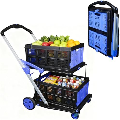 Shopping Cart with 2 Storage Crates, Multi Use Two Tier Collapsib...