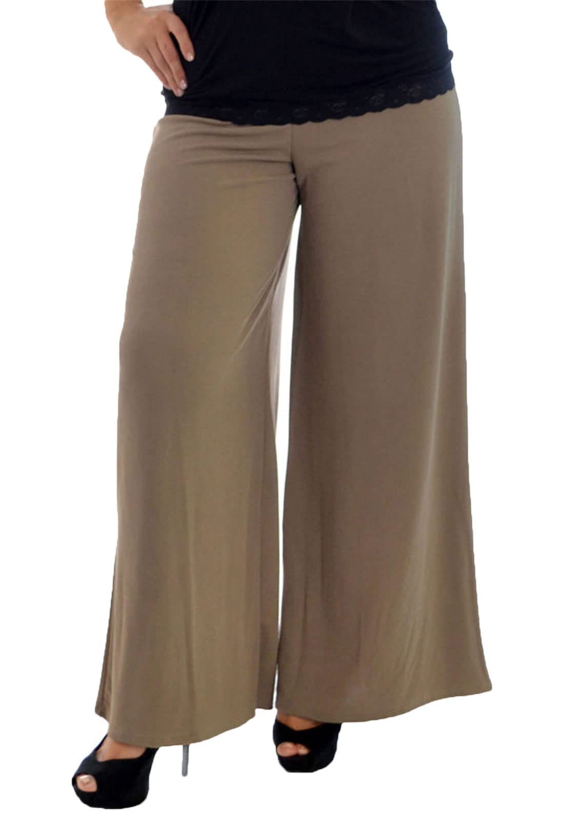 FAIRY BOUTIQUE Ladies Plain Printed Wide Leg Crepe Palazzo Trousers Womens Plus Size Casual Flared Pants Beige 20-22