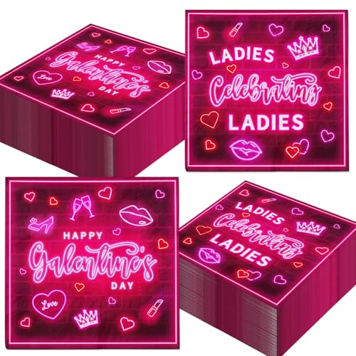 Galentines Day Decorations Napkins, 40Pcs Pink Neon Galentines Napkins Disposable Galentines Gang Happy Galentines Day Napkins for Girl Lady Galentines Day Party Decorations