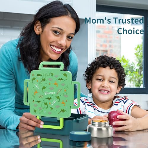 Image of Lunch Box with Thermos, [Large Capacity] Insulated Bento Box Kids with 4 Compartment for Ages 3+, Drop-Proof & Dishwasher Safe Lunchbox Container Green