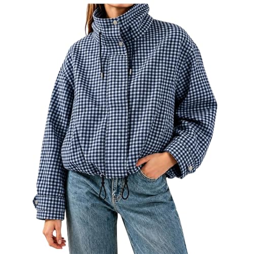 Women's Zipper Jackets Pullover Gingham Stand Collar Casual Bomber Jacket - image 1