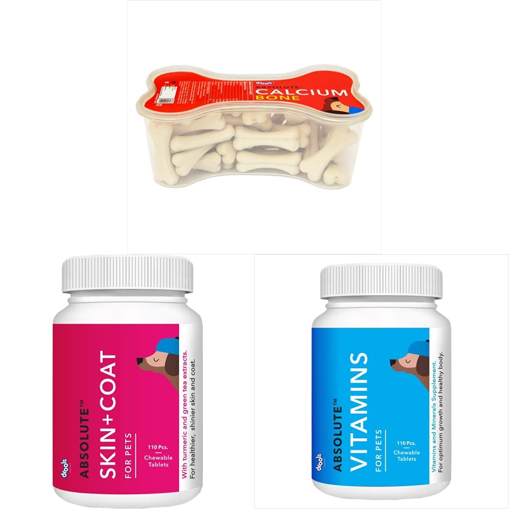 Drools Absolute Calcium Bone Jar, Dog Treats-20 Pieces (300 gm)& Absolute Vitamin Tablet- Dog Supplement, 110 Pcs & Absolute Skin + Coat Tablet- Dog Supplement, 110 Pcs/400gm (B08QT6X7K9) Amazon Price History, Amazon Price Tracker