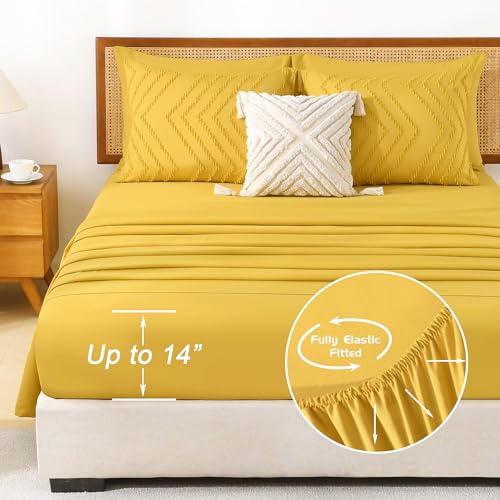 Image of Litanika King Size Comforter Set with Sheets Mustard Yellow - 7 Pieces Bed in a Bag King Chevron Tufted Complete Bedding Sets with Comforter, Sheets, Pillowcases & Shams