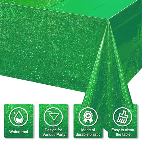 Image of 3 Pack Iridescent Green Plastic Tablecloths, Shiny Disposable Laser Rectangle Table Covers, Holographic Foil Tablecloth for St. Patrick's Day Birthday Christmas Witch Theme Party, 54x108Inch