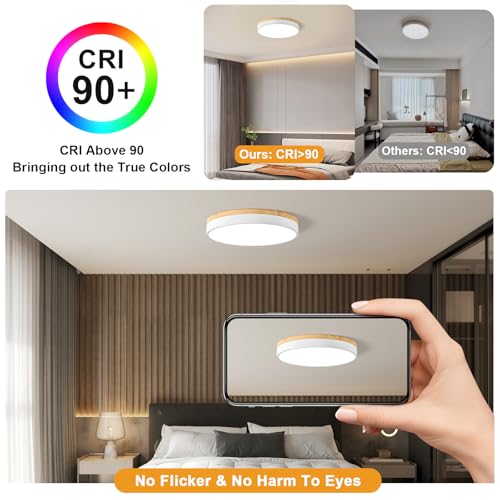 Image of Dimmable LED Wood White Round Flush Mount Ceiling Light 15.74 Inch