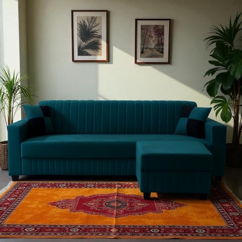 Image of FURNY Grovila Fabric 4 Seater Convertiable L Shape Sofa Set 3 Seater Modern Sofa Set & Ottoman for Living Room (GreenishTeal) with Velvet Fabric | Durable Comfort | Modern Design | Ideal f