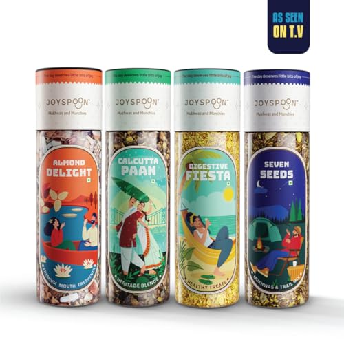 Image of JoySpoon Mukhwas Combo| Almond Delight, Calcutta Paan, Digestive Fiesta & Seven Seeds| Supari Free Mouth Freshener| After-Meal Digestive Snack| No Artificial Colors or Preservatives| Pack of 4x100g