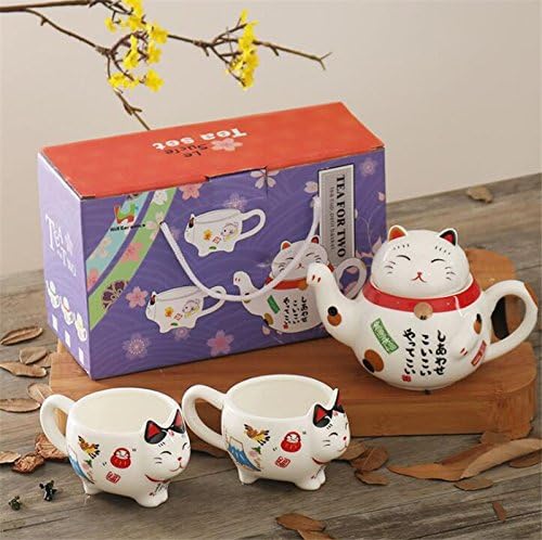 EatingBiting Charming Traditional Culture Japanese Design Maneki Neko Lucky Cat Ceramic teapot 1 Tea Pot and 2 Cups Set Package Gift Box Excellent Home Decor Asian Living Gift Chefs coffee mike tea