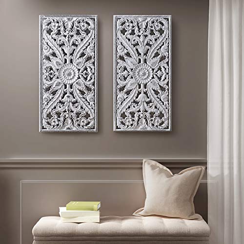 Image of Madison Park Wall Art Living Room Decor - Vintage Botanical Carved Wooden Panel Home Accent Bathroom Decoration Ready to Hang Frames for Bedroom, 15.75 inchW x 31.5 inchL x 0.59 inchD, White 2 Piece