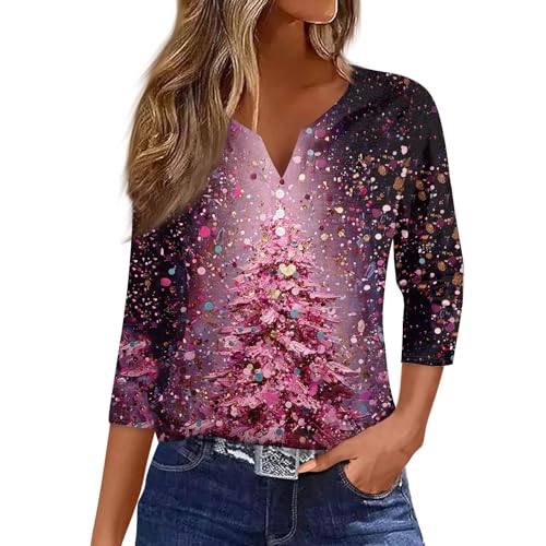 Image of Women Christmas Shirt 3 /4 Length Sleeve Henley Tops Xmas Outfits