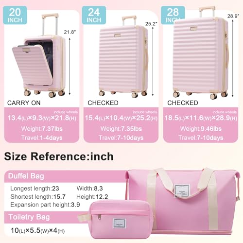 5 Piece Luggage Set w/TSA Locks & USB Port, Front Opening Hard Shell Luggage Sets, Expandable Suitcase Set with Wheels and Cup Holder(20"/24"/28") (Pink)2
