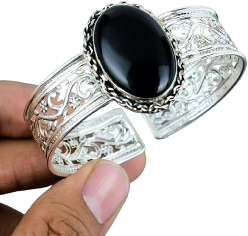 925 Silver Black Onyx Bracelet, Handmade Adjustable Cuff Bangle, Bohemian Statement Jewelry, Gemstone Bracelet for Women