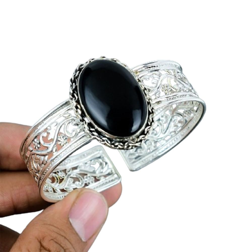 925 Silver Black Onyx Bracelet, Handmade Adjustable Cuff Bangle, Bohemian Statement Jewelry, Gemstone Bracelet for Women