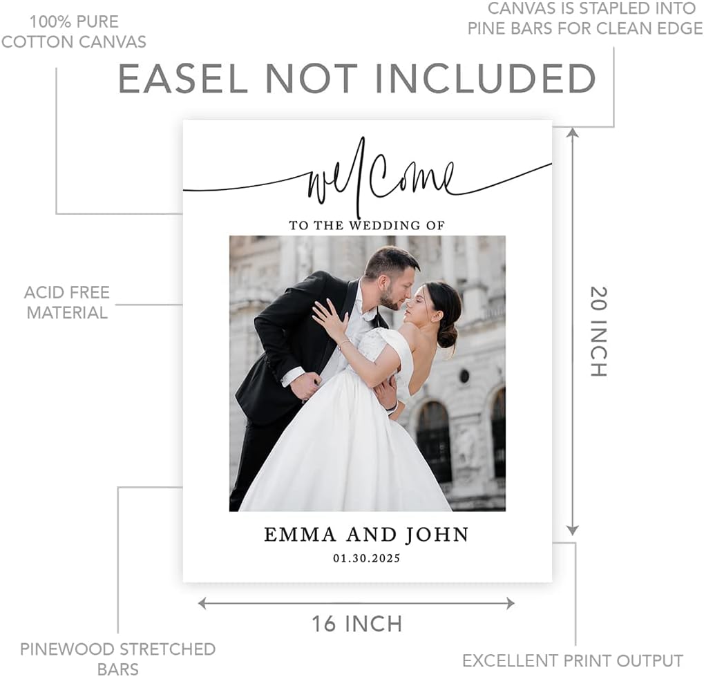 Andaz Press Personalized Welcome To Our Wedding Sign, Minimal Script 16" x 20" Custom Photo Canvas Wedding Welcome Sign for Reception, Ceremony, Easel Stand