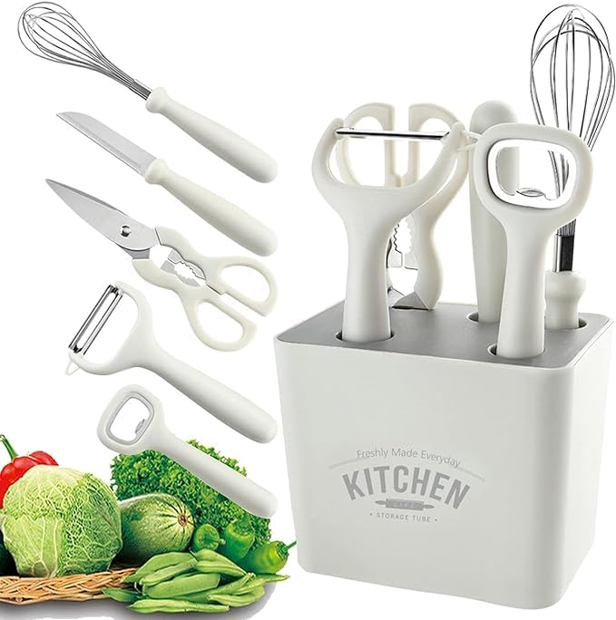ASOMA Stainless Steel 6-Piece Kitchen Gadgets Set, Kitchen Scissors, Kitchen Utensils Set with Holder, Paring Knife, Whisk, Bottle Opener, Peeler- Anti-Slip Handle, Decorative Base