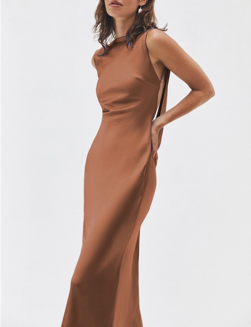 Summer Satin Backless Boat Neck Maxi Dress for Women 2026 Elegant Silk Sleeveless Wedding Guest Dresses