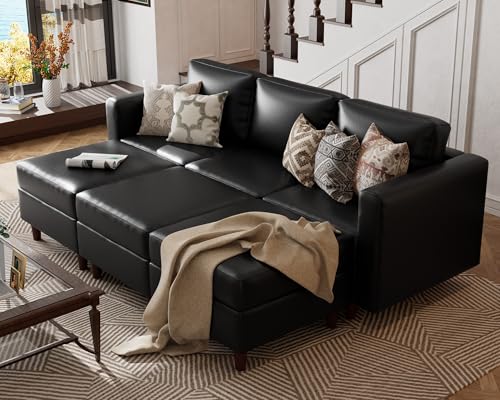 Image of ABCASA 91.5 inch Faux Leather Luxury Modular Sleeper Sofa Bed with Storage Seat, 6 Seat Sectional Couch Deep Seat with Reversible Chaises & Removable Cover for Living Room - Black