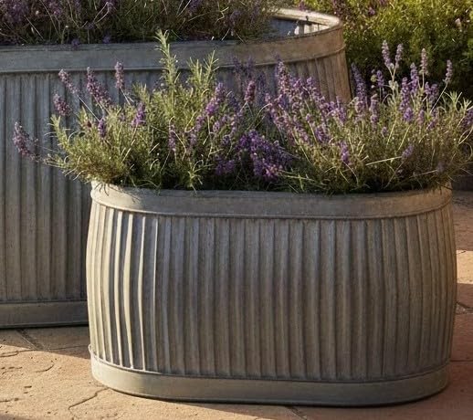 My Square Mile Vintage Galvanised Metal Oval Dolly Planter Zinc Finish Garden Trough Available in 3 Sizes Outdoor Flower Pot (Small 38cms)