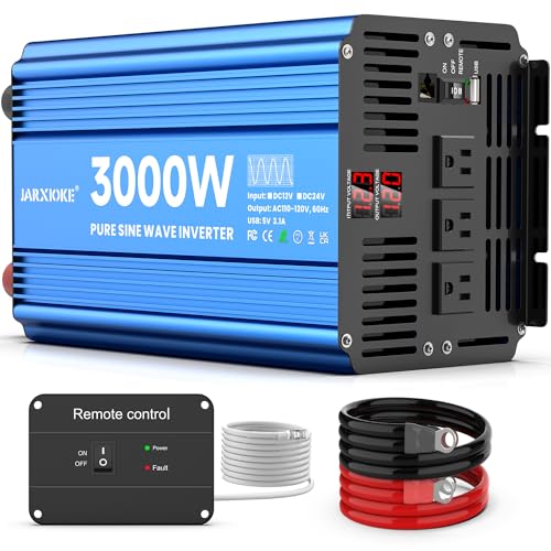Inversor de potencia de onda sinusoidal pura de 3000 W, convertidor de 12 V CC a 110 V 120 V para el hogar, RV y sistemas solares fuera de la red con 3 tomas de CA, puertos USB duales, visualización