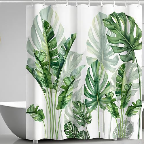Zourglow Cortina de Ducha Antimoh, Cortinas de Baño Lavable, Repelente al Agua, Poliéster con Dobladillo Lastrado, con 12 Anillas para Bañera, Cuarto de Baño, Hojas Verdes (200 x 180 cm)