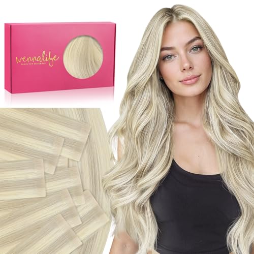 Image of WENNALIFE Invisi Edge Tape in Hair Extensions Human Hair,#17A /60A,22 Inch | 22 Inch 50g 20pcs Ash Blonde Highlighted Platinum Blonde Invisi Remy Hair tensions Seamless Injected Tape Ins Straight