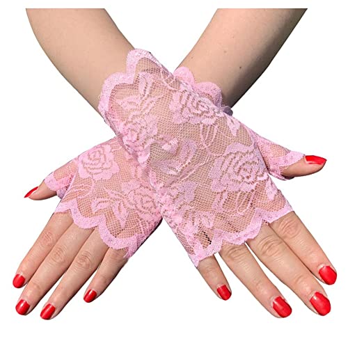SHTGOI 1 Paar Damen Spitzenhandschuhe Kurze Braut Fingerlose Blumenspitze Handschuhe Sonnenschutzhandschuhe Hochzeit Spitzen Handschuhe für Teeparty Beerdigung Hochzeitsfeier Kostümzubehör Rosa
