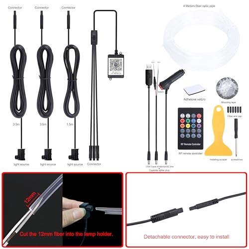 QAUBEN 4 m Optic Fiber Cable Car Ambient Lighting with Bluetooth App Control + RF Remote Control 64 Colors Multicoloured Music Interior Lighting Kit 12V 1W