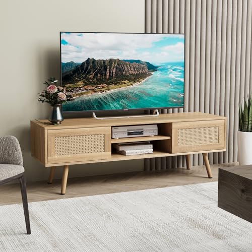 Vliekcy Rattan TV Stand for for 60 Inch TV, Farmhouse Entertainment Cabinet with Storage, Boho Media Console with Double Rattan Sliding Doors, for Living Room Media Room (Natural Color)