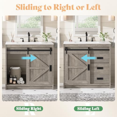 AMERLIFE 36" Farmhouse Freestanding Bathroom Vanity with Sink, Light Grey - 4