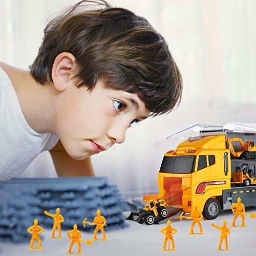 19 In 1 Construction Truck With Engineering Worker Toy Set, Mini Die-Cast Engine Car In Carrier Truck, Double Side Transport Vehicle Play For Child Kid Boy Girl Birthday Christmas Party Favors #TOP6