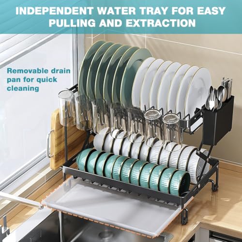 Image of HASTHIP Kitchen Dish Rack Double Layer Carbon Steel Drain Rack Cup Holder for Countertop - Multifunctional Kitchen Dish Drying Wire with Utensil Storage & Chopping Board Holder,Size 40x28x31