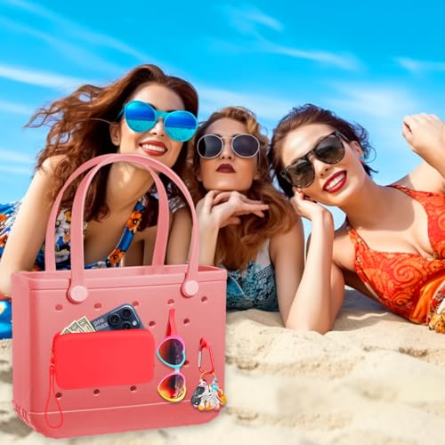 Image of Mity rain Silicone Wallet for Bogg Bag Phone Holder, Accessories Set for Bogg Bag Contain 2PCS Key Holder and a Large Capacity Silicone Zipper Bag for Beach Bags Tote Bag (Red)