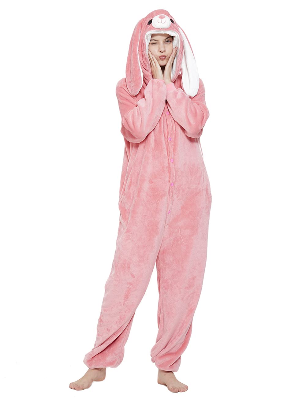 ABENCA Pijama de unicornio de lana para mujer, disfraz de una sola pieza para adultos, de dibujos animados, Navidad, Halloween, cosplay,, Conejito rosado, XS