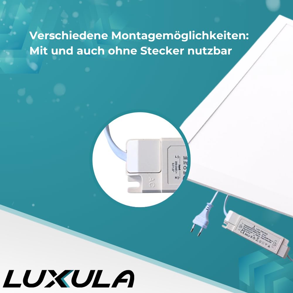 LUXULA 4x LED Panel 62x62cm, 3000K, 4000K, 6000K CCT einstellbar, 36W, 3600lm, Deckenlampe mit 230V Netzteil - LED Bürolampe für Rasterdecken, Rasterleuchte, Bürobeleuchtung