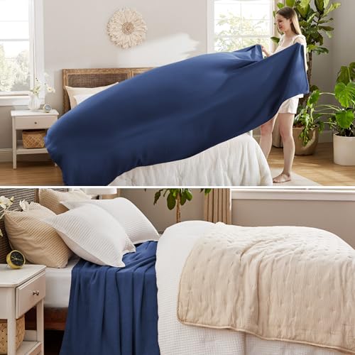 Image of Bedsure 100% Cotton Blanket, Herringbone Weave, Oversized King, Navy Blue