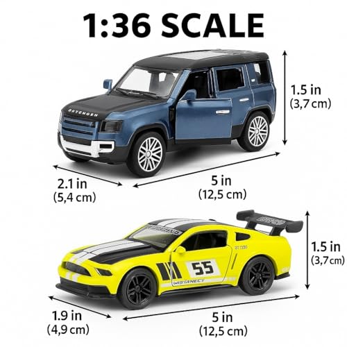 Image of Mustang GT & Defender Die-Cast Car Combo - 1:36 Scale Metal Pull Back Toy Cars for Kids, Boys, Collectors - Alloy Car Set with Opening Doors - Birthday Gift Pack - 2 Pcs