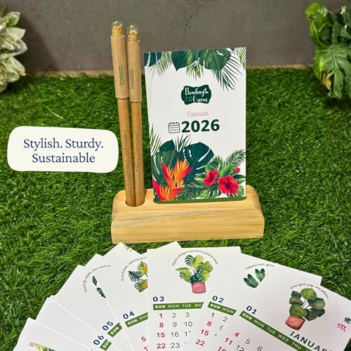 Image of 2026 Eco-Friendly Desk Calendar with Wooden Stand & Plantable Seed Pens - Sustainable 2026 Calendar Planner for Home & Office - Zero Waste New Year Gift & Grow Your Own Plant Kit by Bombay Greens