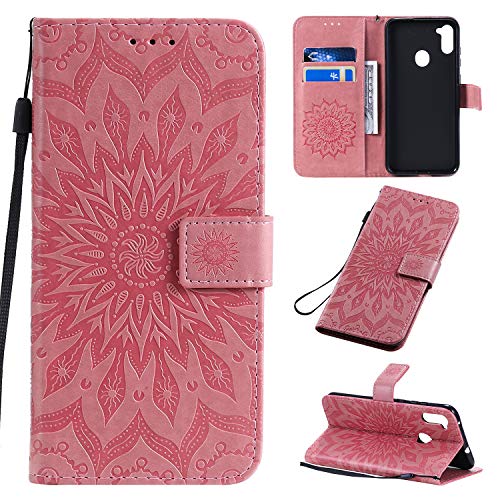 Samsung Galaxy A11 Wallet Case,PU Leather Case Sun Flower Pattern Embossed Purse Kickstand Flip Cover Card Holders Hand Strap for Samsung Galaxy A11 US Version 6.4 inch Pink