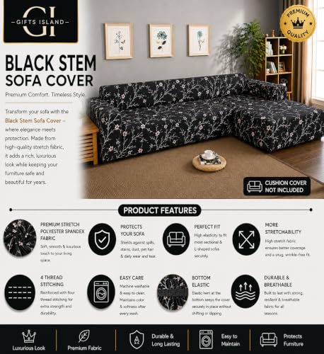 Image of Gifts Island Premium 160GSM Super Soft Black Stem Stretchable Sofa Cover L Shape 6 Seater Fully Covered | Suitable for Both Left and Right Side Chaise Sofa (Black Stem, 3+3 Seater)