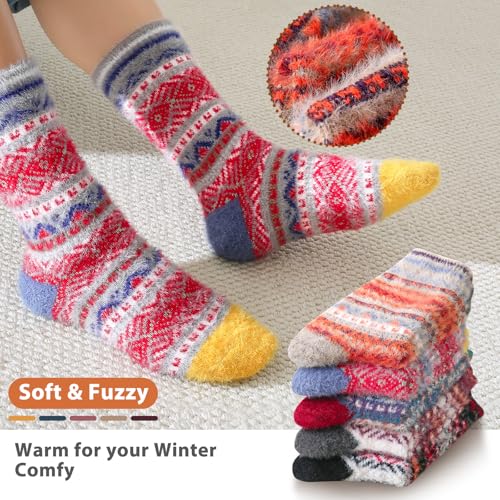 Image of SISOSOCK 5 Pairs Fuzzy Soft Cozy Comfortable Socks for Women, Casual Sleep Comfy Socks, Perfect Warm Winter Gifts for Women