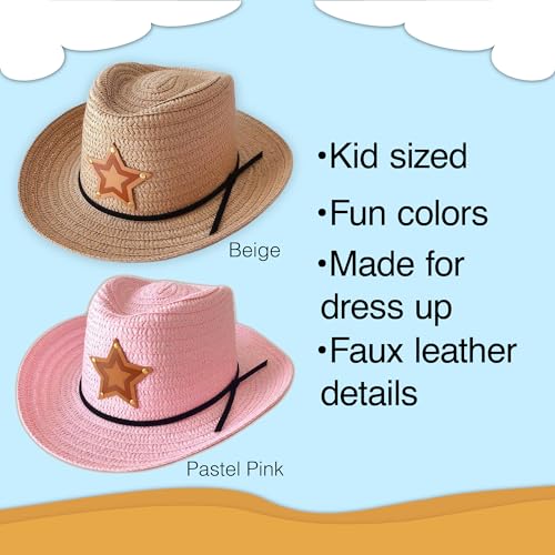 Kid's Western Cowboy Hat: Durable Straw & Polyester, Reshapeable, Fun Dress-Up & Play, Faux Leather Details, Beige/Pink3