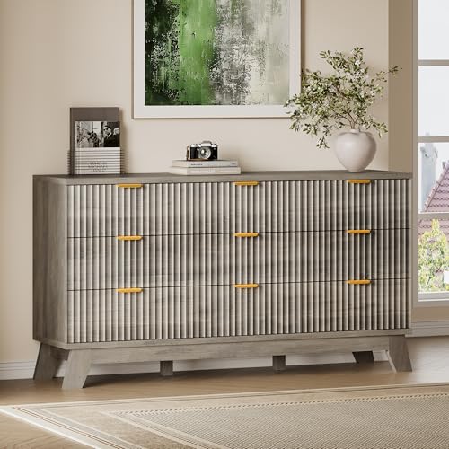 Image of BORNOON Fluted 9 Drawer Dresser, 57.1 inch Wide Modern Boho Chest of Drawers, Wooden Storage Dresser TV Stand for Bedroom, Living Room, Closet, Hallway, Curved Profile Design