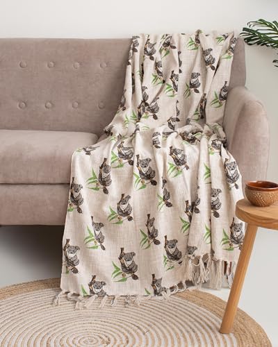 Image of Handblock Printed 100% Cotton 50x70 Inch Sofa Throw for Couch Breathable Lightweight & Decorative Living Room Blanket (Koala with Plant Print)