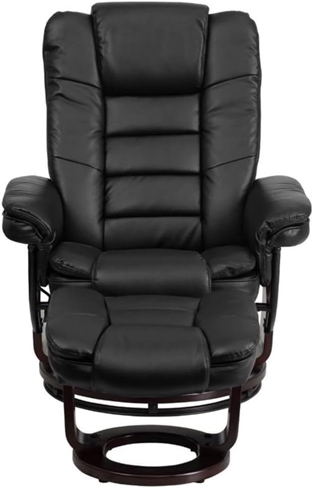 BOWERY HILL Contemporary LeatherSoft Recliner Chair and Ottoman Set, Black Finish, Plush Arms, Ball-Bearing Swivel Mahogany Wood Base, Lever Adjustable, Comfortable Home or Office Seating