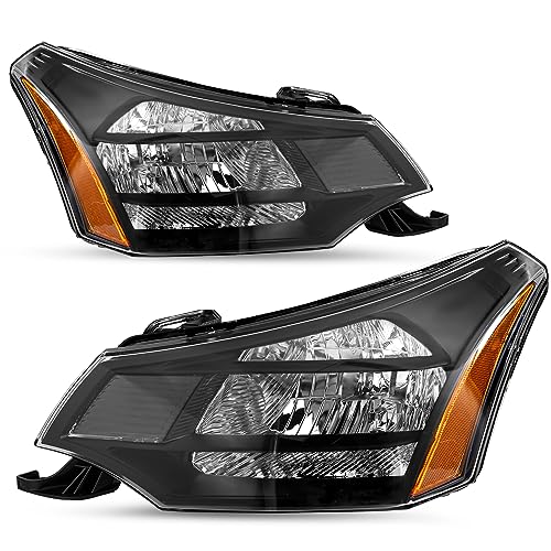 SOCKIR Headlight Assembly Fit for 2008-2011 Ford Focus Headlamp Replacement Driver & Passenger Side (Black Housing with Amber Reflector)