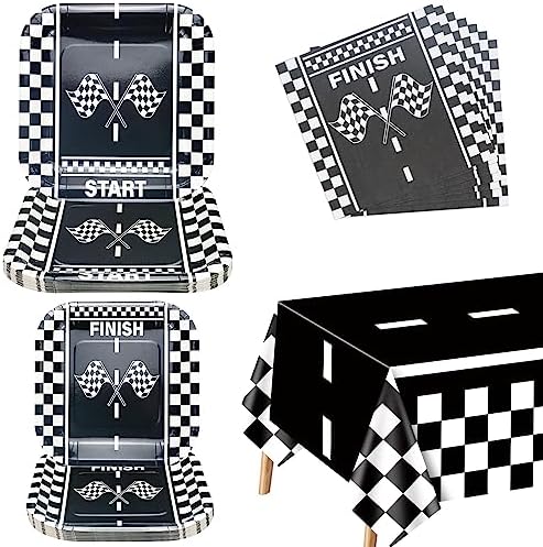 PIXHOTUL 142Pcs Race Car Party Decorations - Black and White Checkered Racing Car Party Supplies, Paper Plates, Napkins, Race Car Tablecloth for Teens Kids' Race Car Themed Birthday, Serves 40