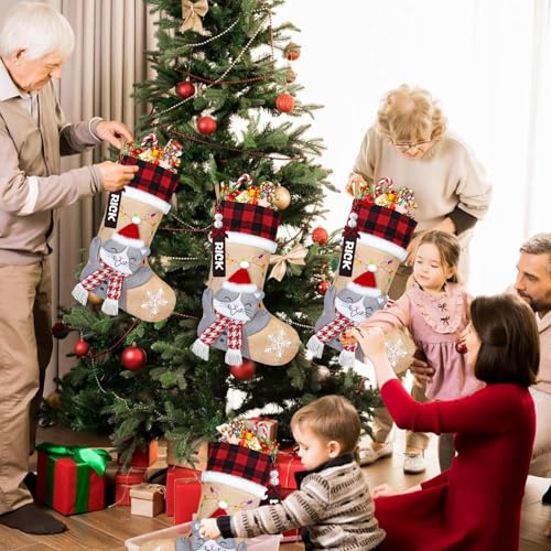 DEMIUKO Nikolausstrumpf Personalisierte Weihnachtsstrumpfe mit Namen 46CM Große Nikolausstiefel mit 3D Katze Jute Weihnachtssocken Kamin Hängenden Strumpf für Geschenk Party Weihnachtsdeko
