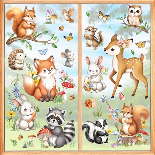 decalmile Fensterbilder Kinderzimmer Waldtiere Fensteraufkleber Kinder Tiere Fenster Abziehbilder Hirsche Fuchs Hase Eichhörnchen Fenstersticker Wiederverwendbar Glasaufkleber Fensterdeko
